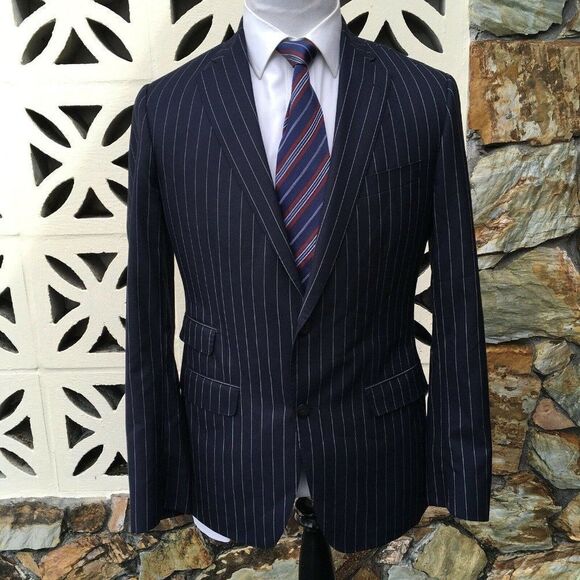 Phineas Cole Men's Sports Coat Navy Blue Striped Wool Cashmere Size 40 L Long - Picture 1 of 9
